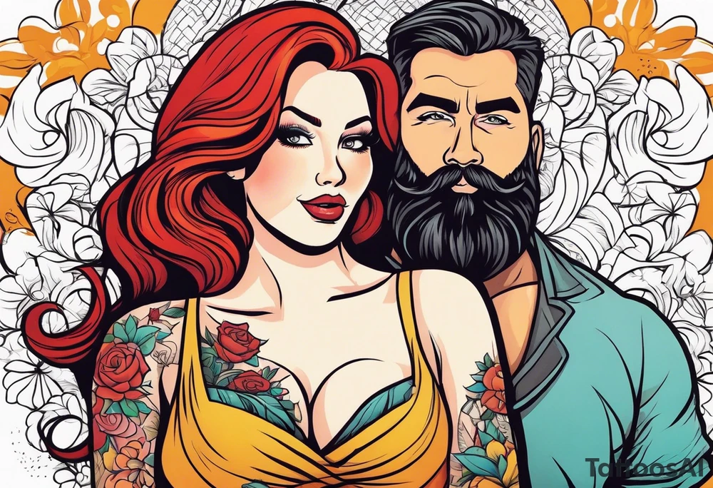 Busty Red haired woman with black haired bearded man tattoo idea