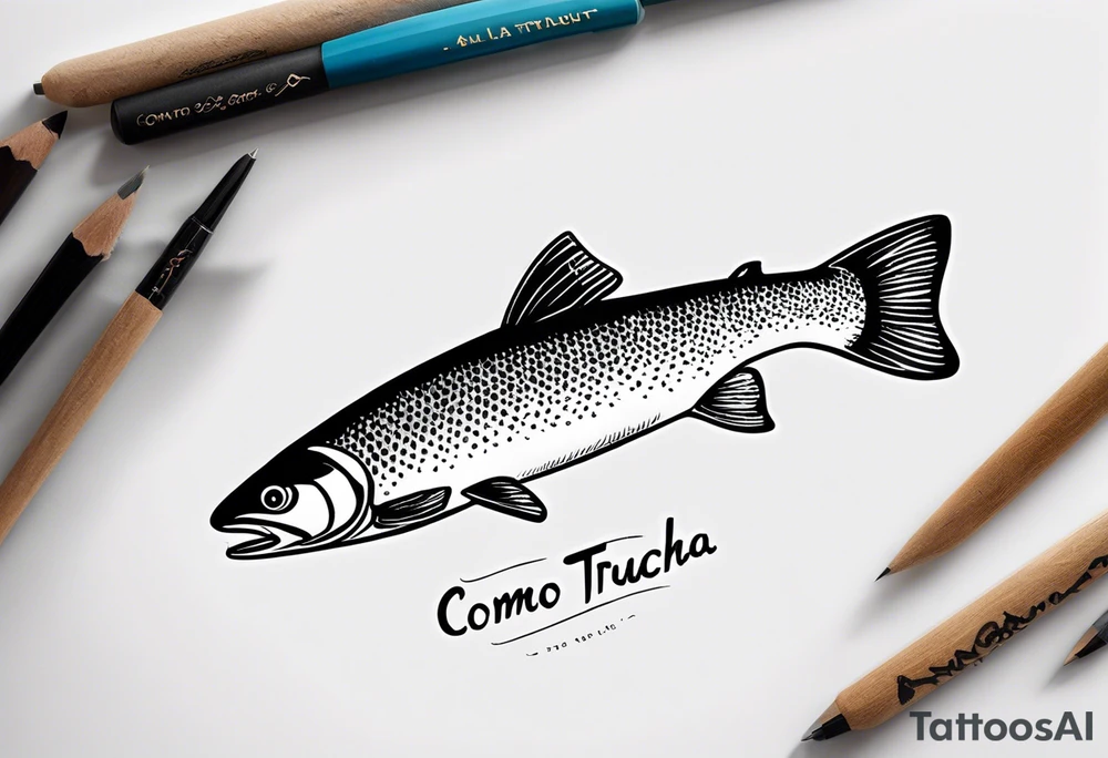 A small tattoo with a shaded trout and text that says, 'Como la trucha...' drawn with fine lines." tattoo idea