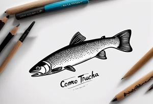 A small tattoo with a shaded trout and text that says, 'Como la trucha...' drawn with fine lines." tattoo idea