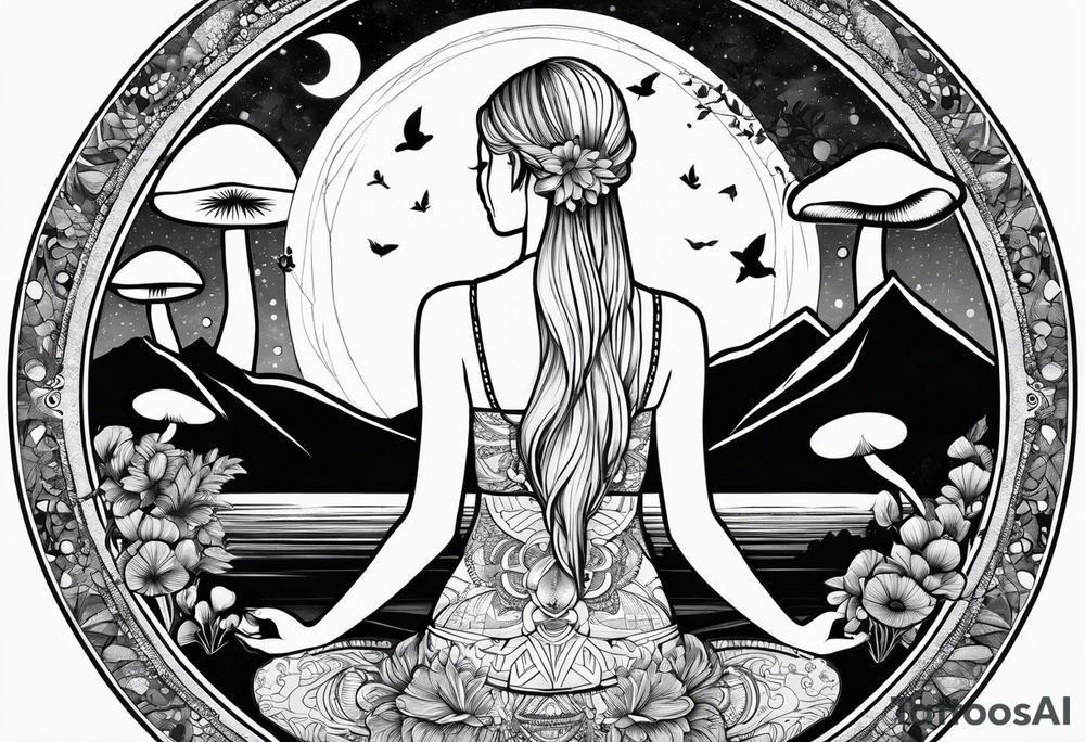 Straight blonde hair girl meditating facing away toward mountains surrounded by mushrooms crescent moon mandala circular design black and white striped dress tattoo idea