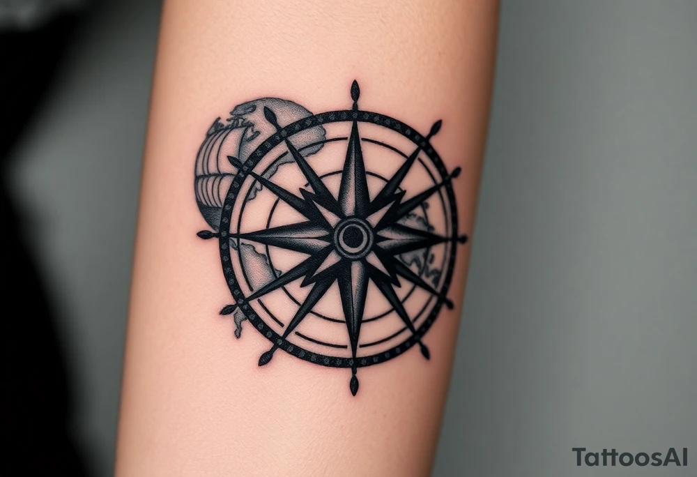 antique compass rose overlaid on weathered world map with sailing ships tattoo idea