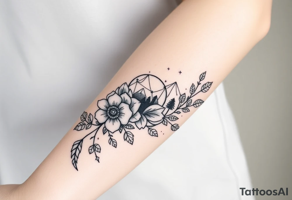 Roses wild flower vines with moon and stars mountains wrap around arm forest with cuff with mandala tattoo idea