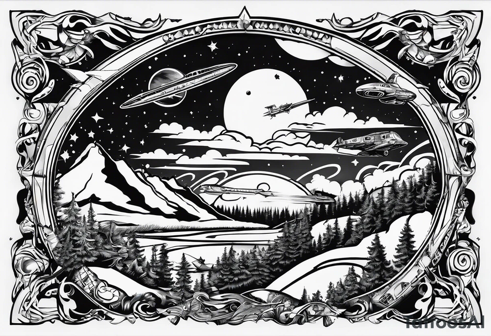 Full Arm Sleeve
Top arm space themed with aliens black holes ufos and rockets
Mid arm slow transition to the sky with airplanes flying around
bottom arm and hand i want it to be the blue ridge parkway with animals local to that area tattoo idea