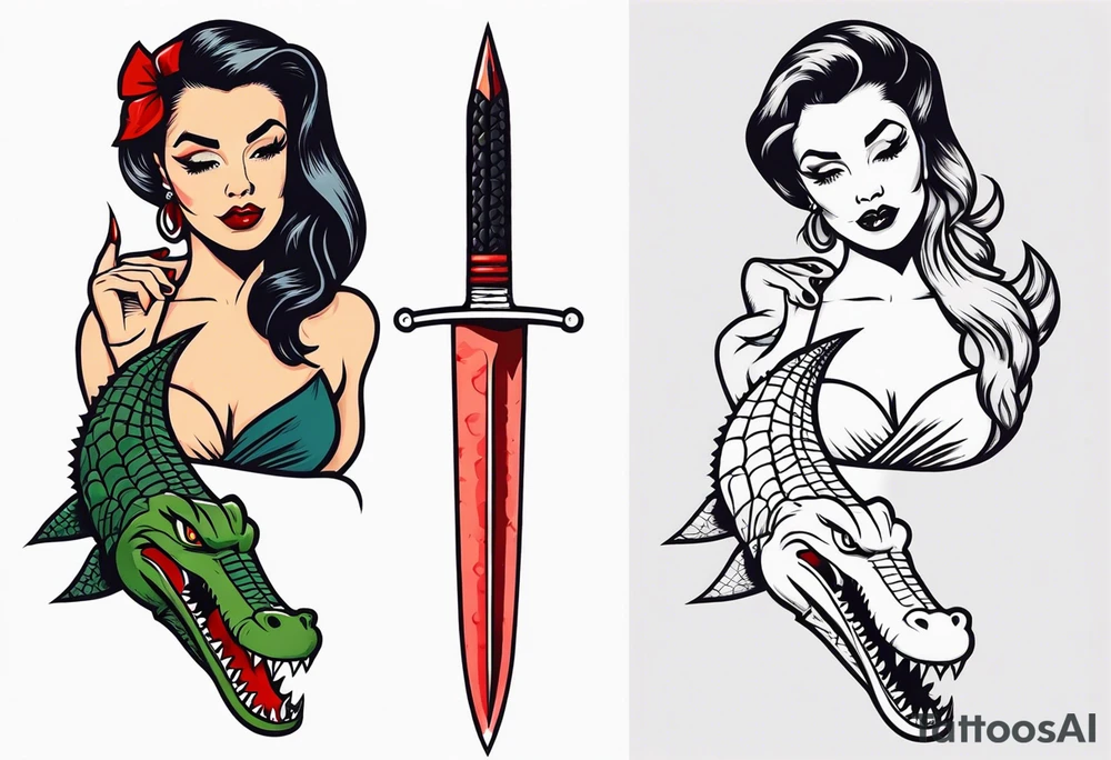 Dagger with an alligator and topless pinup girl tattoo idea