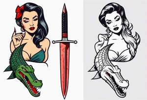 Dagger with an alligator and topless pinup girl tattoo idea