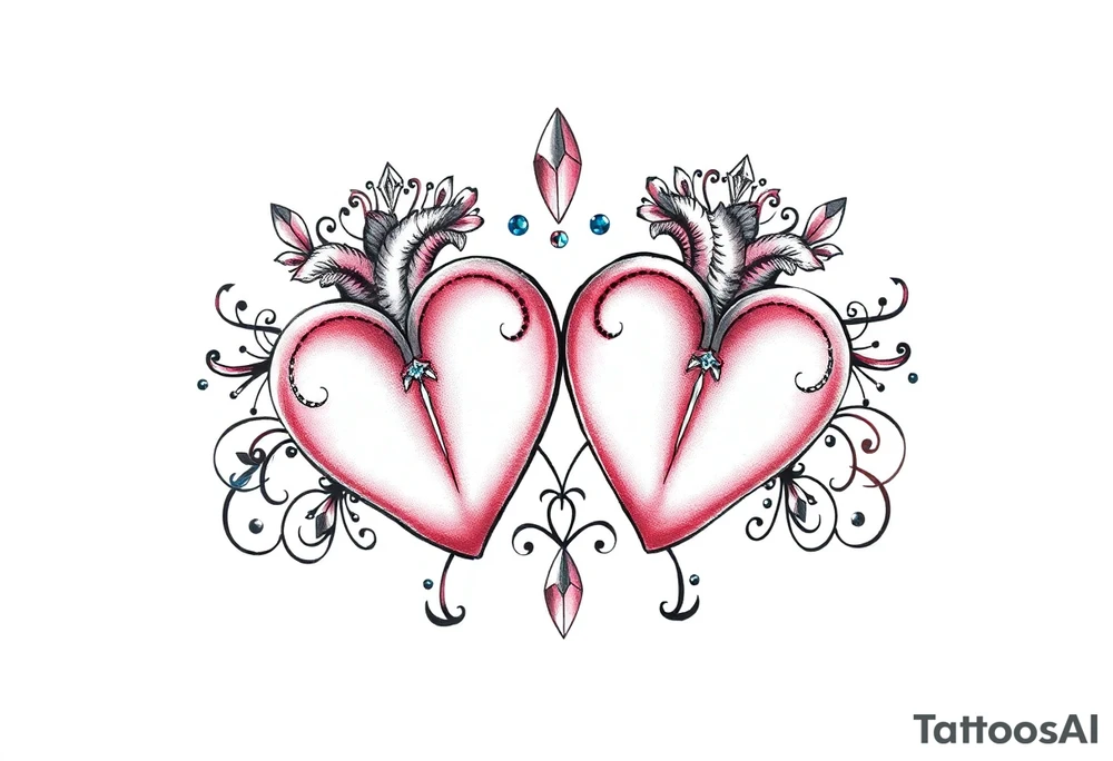 Two hearts surrounded by filigree and crystal or gem accents tattoo idea