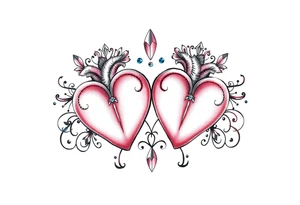Two hearts surrounded by filigree and crystal or gem accents tattoo idea