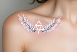 A glowing white triquetra surrounded by angelic feathers, symbolizing divine protection and purity. tattoo idea