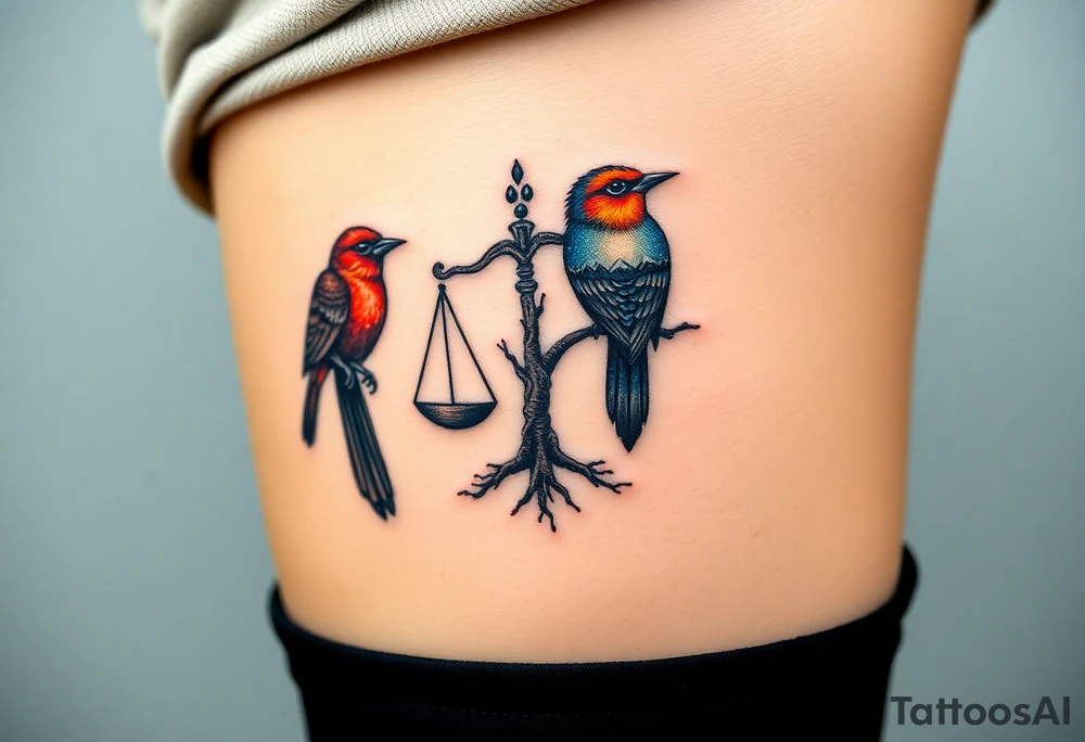one of the birds red wearing a suit, other bird navy blue with glasses or holding a book, scales of justice built into a tree, starry night painting and mountain background tattoo idea