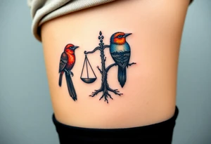 one of the birds red wearing a suit, other bird navy blue with glasses or holding a book, scales of justice built into a tree, starry night painting and mountain background tattoo idea