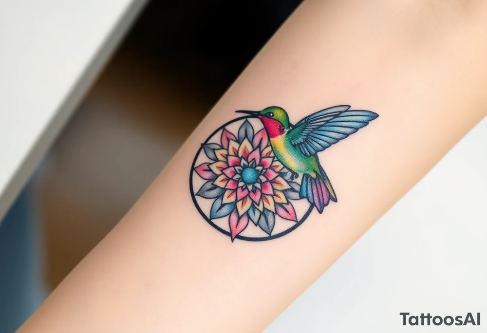 A hummingbird hovering near a Flower of Life centered in round cyrcle, representing harmony and the energy of life. tattoo idea