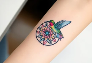 A hummingbird hovering near a Flower of Life centered in round cyrcle, representing harmony and the energy of life. tattoo idea