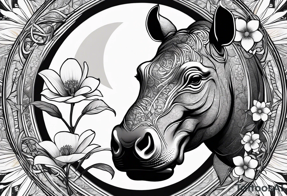 Very asymmetrical, +geometric pattern, with realistic full moon, with hippo head, wintersweet flower bud, +portrait orientation, +inkart touch, tattoo idea