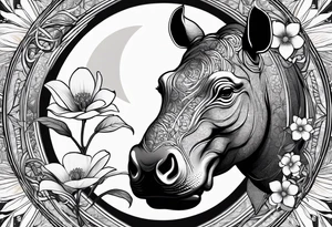 Very asymmetrical, +geometric pattern, with realistic full moon, with hippo head, wintersweet flower bud, +portrait orientation, +inkart touch, tattoo idea