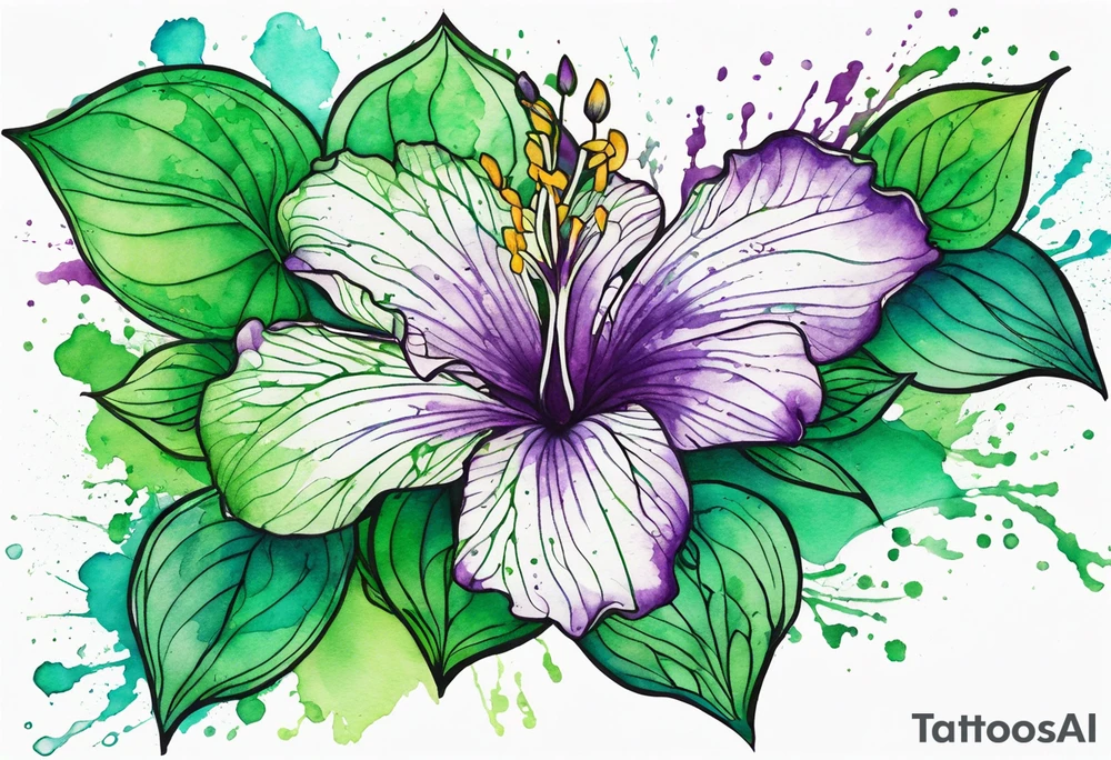An outline of a green rio dipladenia flower and a green/purple watercolor splash in the background tattoo idea
