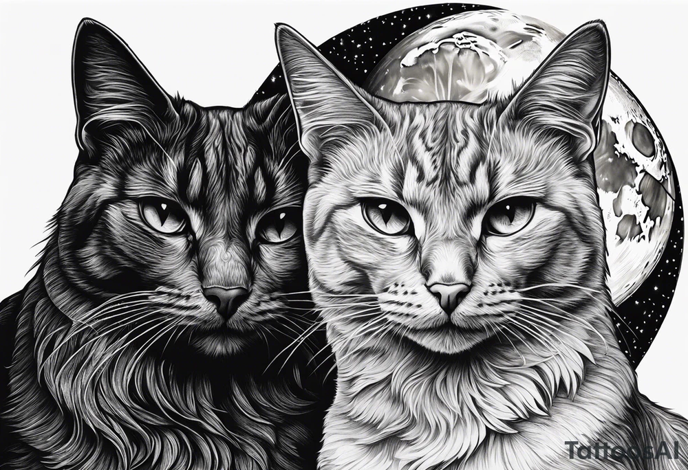 2 cats in laid crescent moon tattoo idea