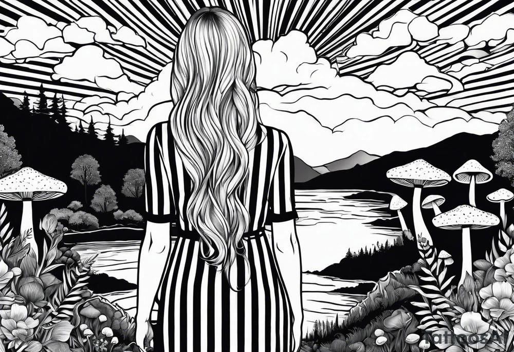 Straight long blonde hair hippie girl in distance holding mushrooms in hand facing away toward mountains and creek surrounded by mushrooms black and white striped dress tattoo idea