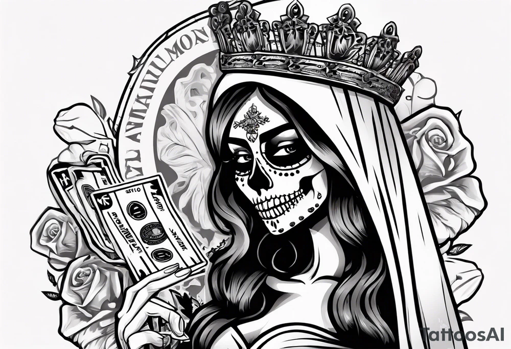 santa la muerta with money and crown
on the card tattoo idea