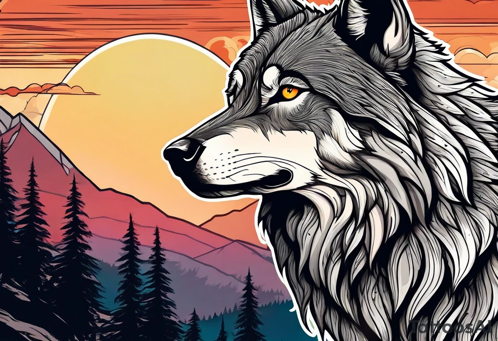 Badass wolf wearing sunglasses
Dark woods
Mountain peaks
Sunset tattoo idea