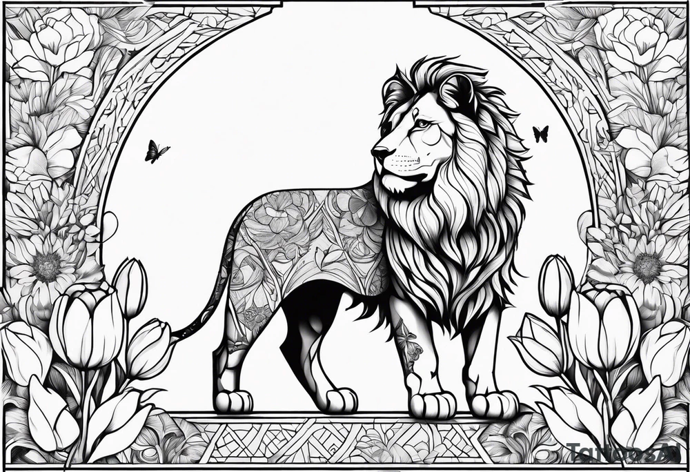 Lion drawn with olines and shading with floral backgrounds and tulips with a butterfly and an amstaff dog. tattoo idea