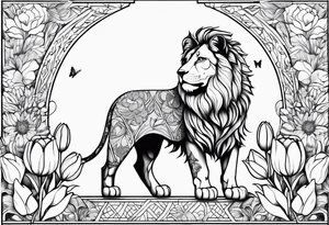 Lion drawn with olines and shading  with floral backgrounds and tulips with a butterfly and an amstaff dog. tattoo idea