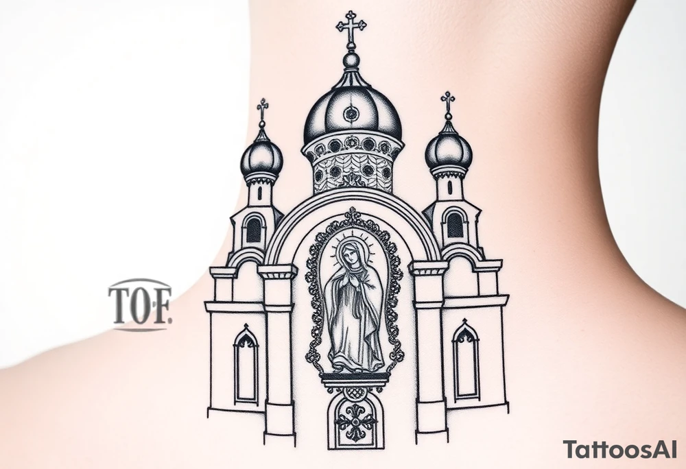 medium sized Russian orthodox church with bulb domes with a prominent russian orthodox coat of arms mosaic virgin mary tattoo idea
