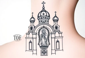 medium sized Russian orthodox church with bulb domes with a prominent russian orthodox coat of arms mosaic virgin mary tattoo idea