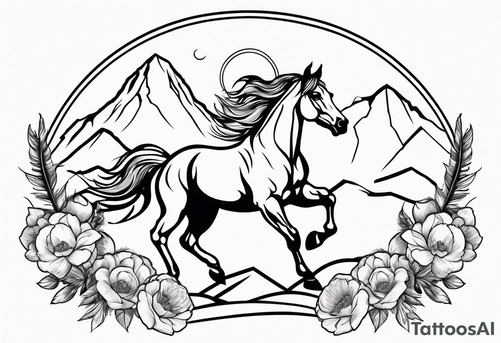 bucking horse, mountains background, feather, flowers, western tattoo idea