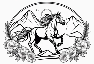 bucking horse, mountains background, feather, flowers, western tattoo idea