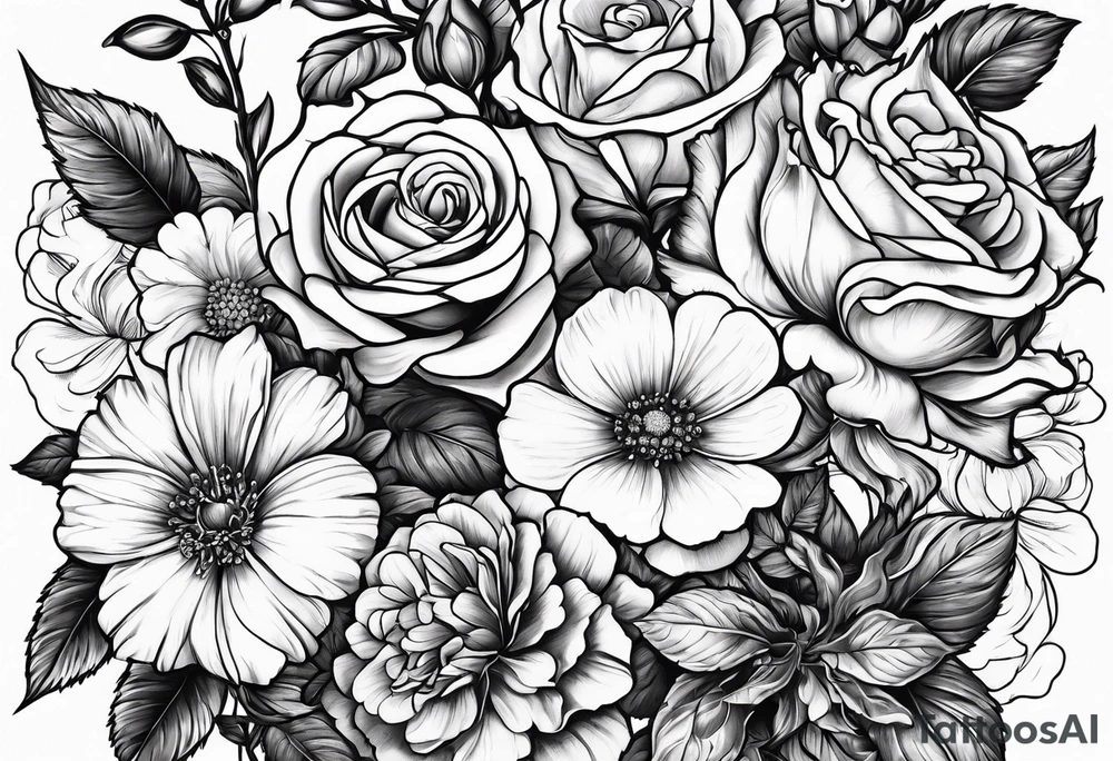 stem of roses, larkspur, carnation, and daisy tattoo idea