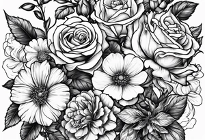 stem of roses, larkspur, carnation, and daisy tattoo idea