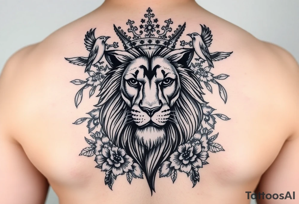 powerful majestic lion with a crown, surrounded by floral ornaments and birds tattoo idea