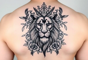 powerful majestic lion with a crown, surrounded by floral ornaments and birds tattoo idea