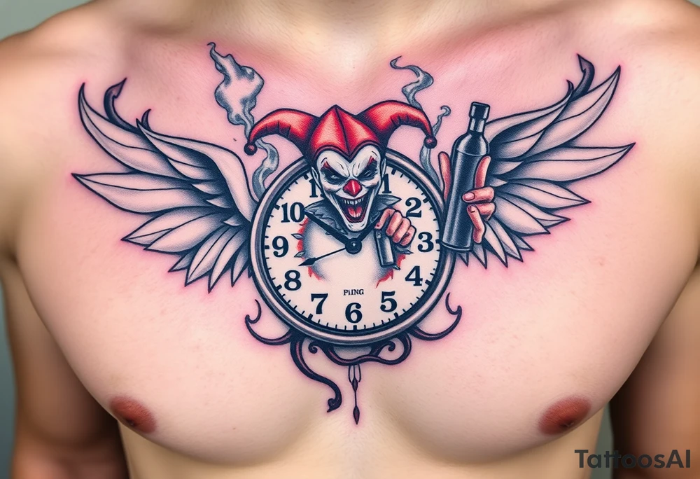 a evil jester clown floating in smoke with a  clock, the time says 420,  with two open wings besides the clock, smoke as the spring rising from the clock, a jester clown coming out the smoke, smoking in one hand with a liquor bottle on the other hand tattoo idea