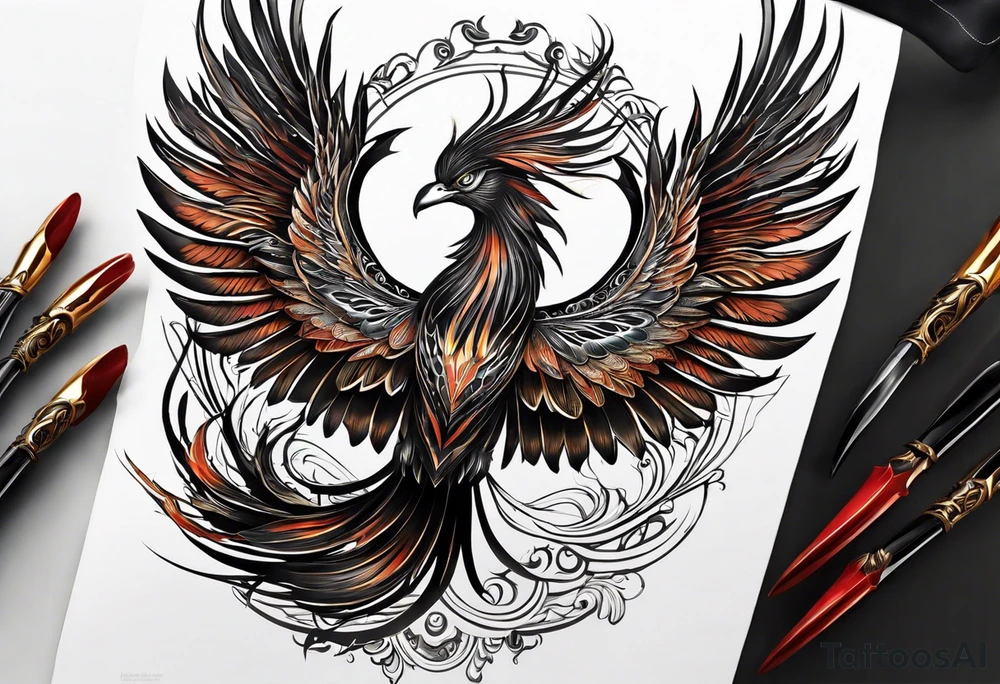 A majestic phoenix, rising powerfully with its wings spread wide and feathers flowing, representing rebirth and resilience. The phoenix is detailed with intricate feathers, creating a sense of movement and vitality. The design is bold, with deep shading and texture that adds dimension and intensity to its form. tattoo idea