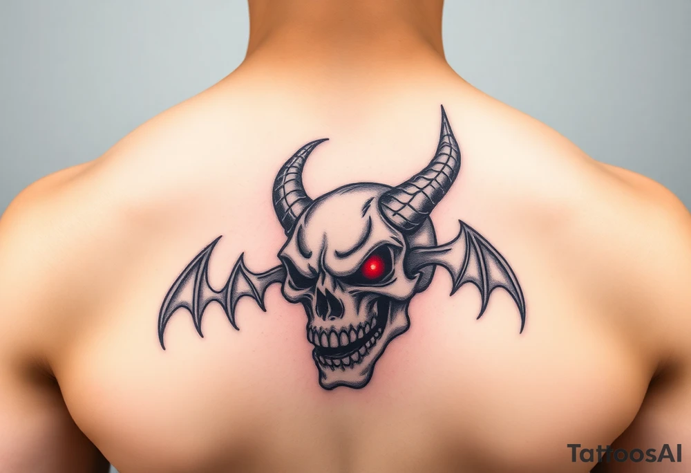 Demon skull black and red on left chest male tattoo idea