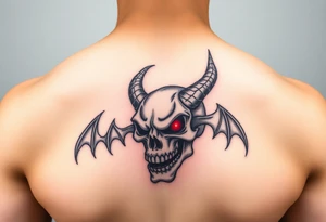 Demon skull black and red on left chest male tattoo idea