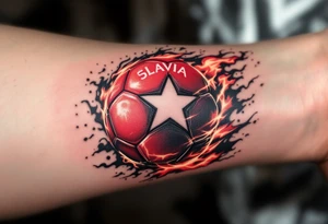 A flaming red soccer ball with a white star in the center and “Slavia” written along the arc. tattoo idea