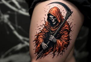 A fiery Reaper in lava-toned robes wielding a charred black scythe. tattoo idea
