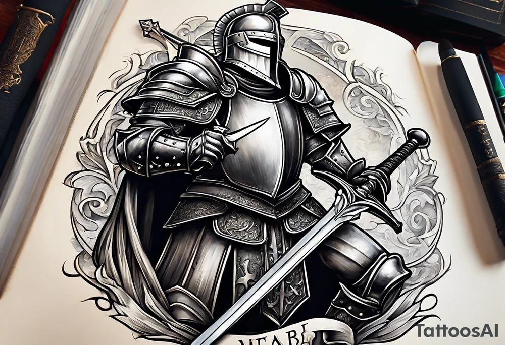 a knight pulling a sword out of an open bible tattoo idea