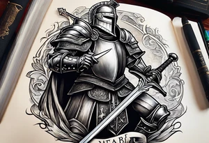 a knight pulling a sword out of an open bible tattoo idea