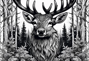 A frightening horror DECAYING deer head JUST BONE surrounded by a forest fire in background tattoo idea