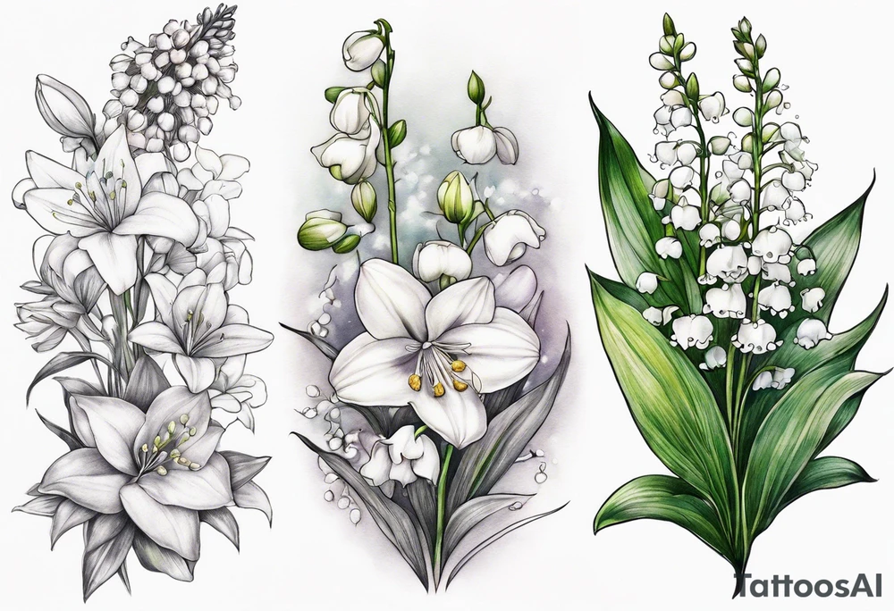 Larkspur, Lily of the valley, water, lily, Hawthorne, flower, carnation, snowdrop flower half sleeve tattoo idea