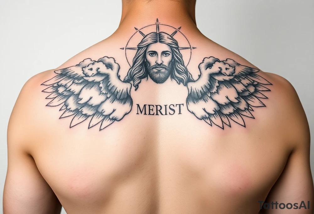 magestic christ with clouds wings black and white tattoo idea