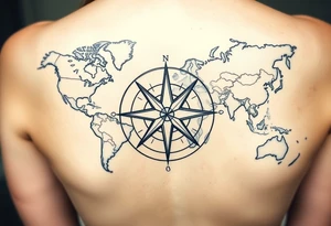 antique compass rose overlaid on weathered world map with sailing ships tattoo idea