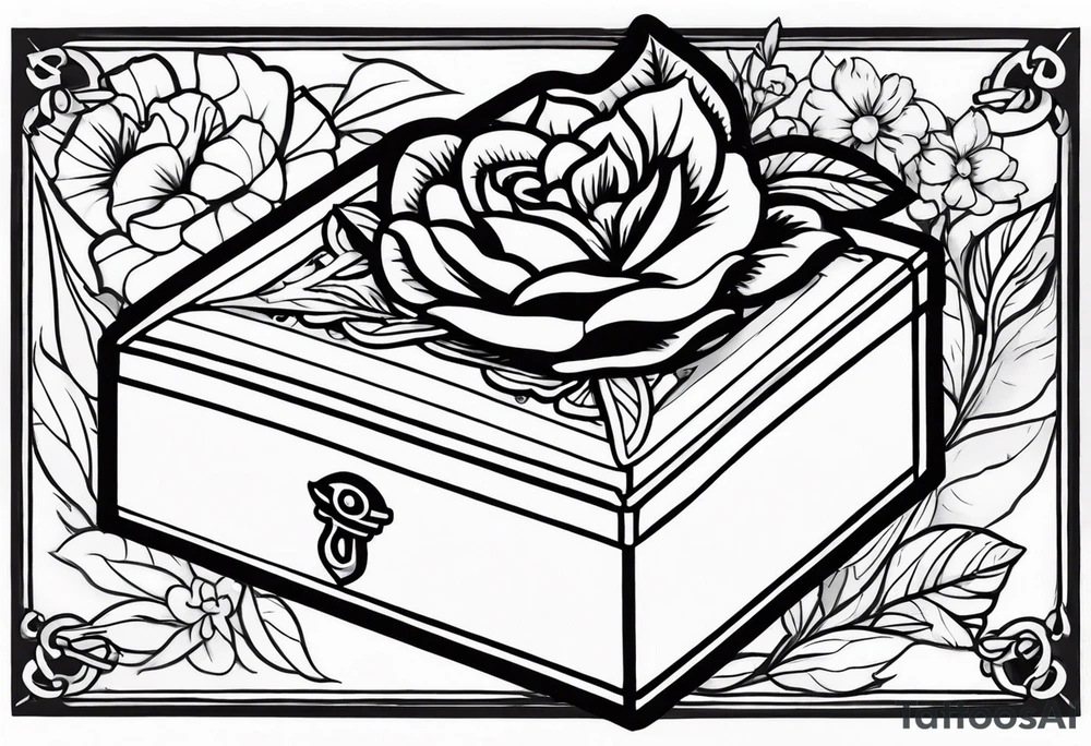 An sailor Jerry style tattoo of a vintage cigar box with one cigar propped up next to it.. surrounding the box is flowers tattoo idea