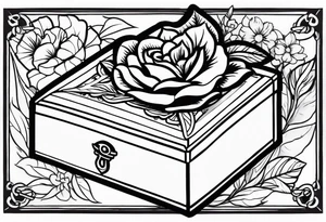 An sailor Jerry style tattoo of a vintage cigar box with one cigar propped up next to it.. surrounding the box is flowers tattoo idea