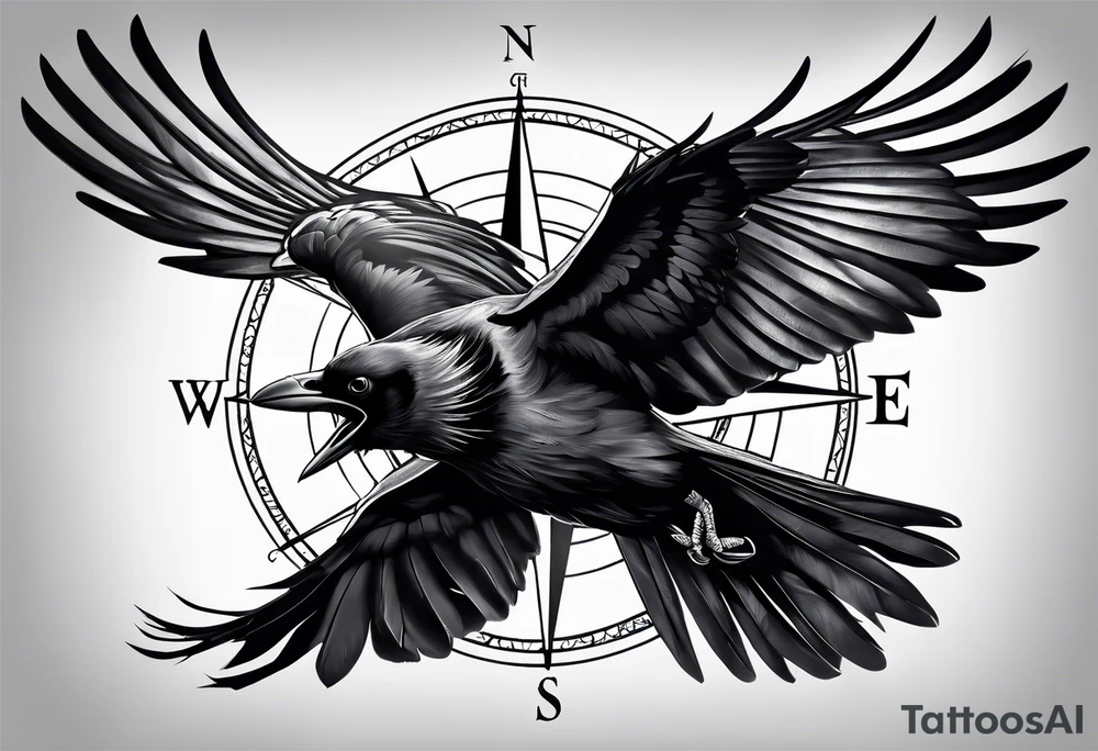 flying crow with compass tattoo idea