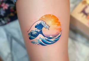 A sparkling sapphire-colored wave crests under a golden sky on the lower leg. tattoo idea