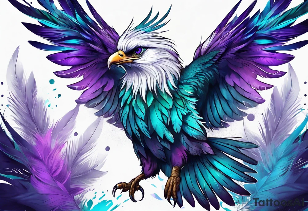 Phenoix on hip down into thigh with feathers that have teal purple and blue tattoo idea